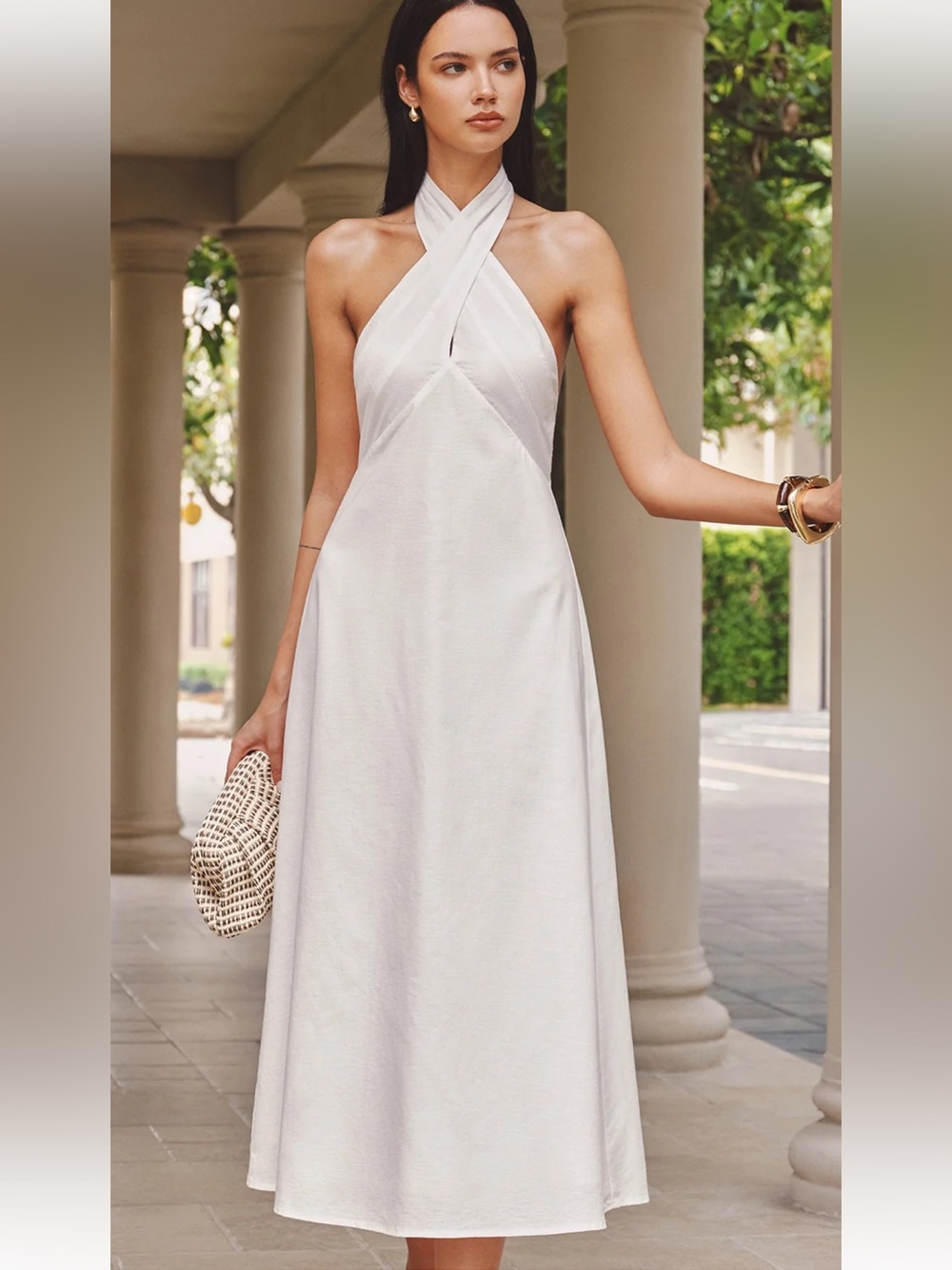 Commense Cotton Linen Cross Halter Maxi Dress